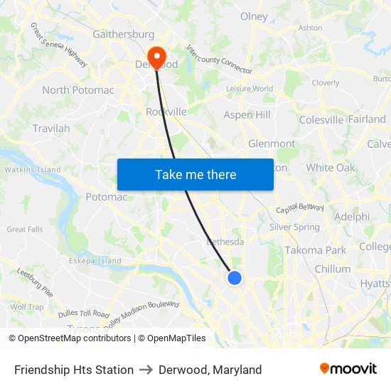 Friendship Hts Station to Derwood, Maryland map