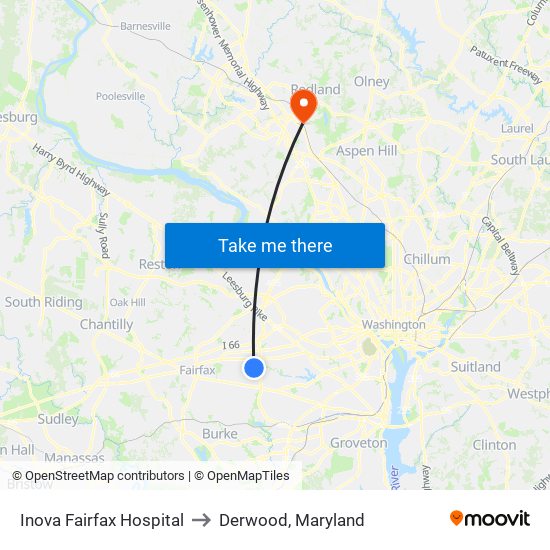 Inova Fairfax Hospital to Derwood, Maryland map