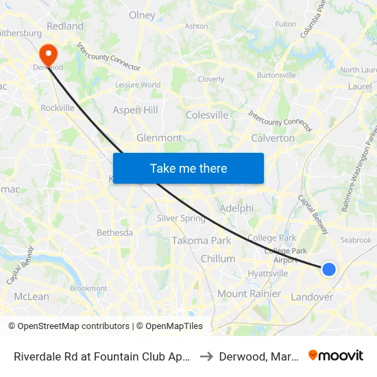 Riverdale Rd at Fountain Club Apartments to Derwood, Maryland map