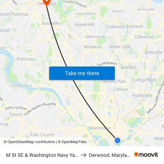 M St SE & Washington Navy Yard to Derwood, Maryland map