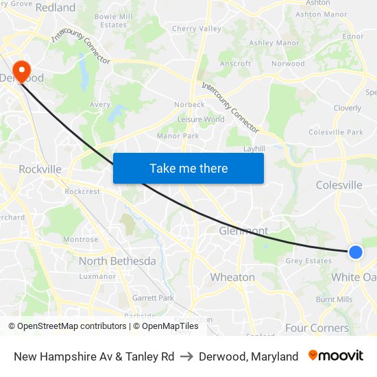 New Hampshire Av & Tanley Rd to Derwood, Maryland map