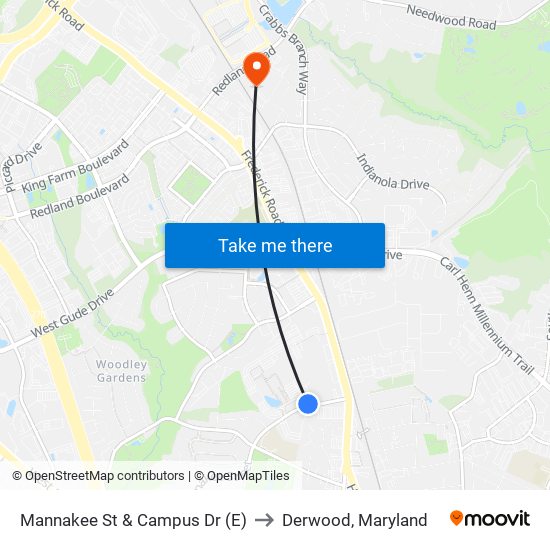 Mannakee St & Campus Dr (E) to Derwood, Maryland map