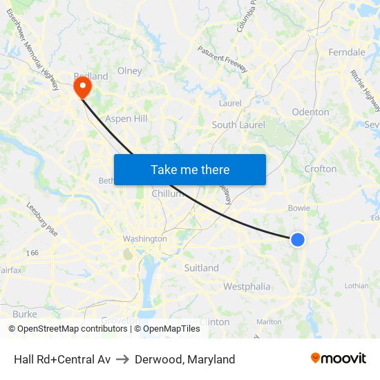 Hall Rd+Central Av to Derwood, Maryland map