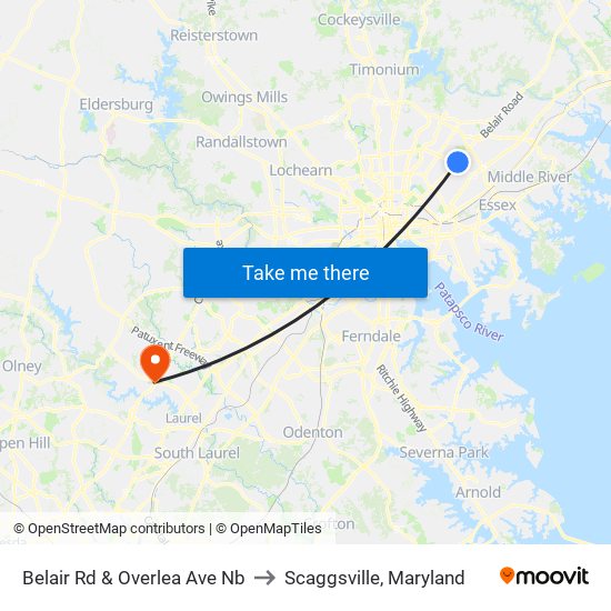 Belair Rd & Overlea Ave Nb to Scaggsville, Maryland map