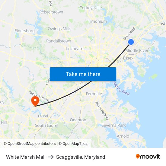 White Marsh Mall to Scaggsville, Maryland map