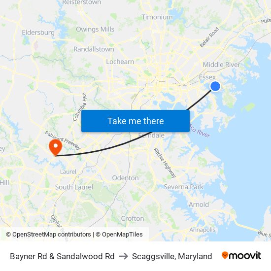 Bayner Rd & Sandalwood Rd to Scaggsville, Maryland map