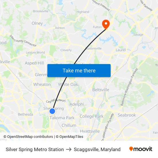 Silver Spring Metro Station to Scaggsville, Maryland map