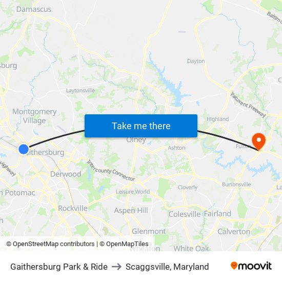 Gaithersburg Park & Ride to Scaggsville, Maryland map