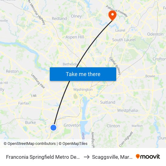 Franconia Springfield Metro Departures to Scaggsville, Maryland map