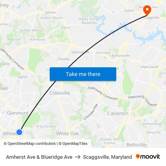 Amherst Ave & Blueridge Ave to Scaggsville, Maryland map