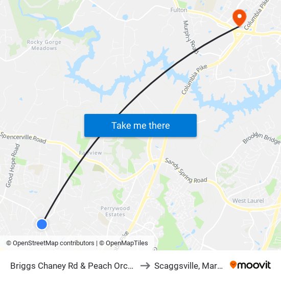 Briggs Chaney Rd & Peach Orchard Rd to Scaggsville, Maryland map