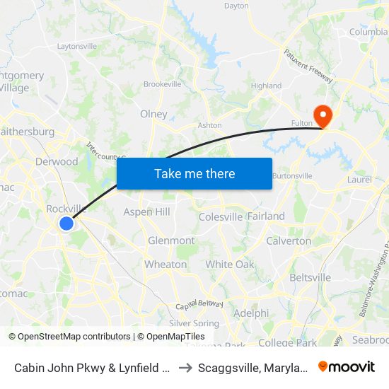 Cabin John Pkwy & Lynfield Dr to Scaggsville, Maryland map