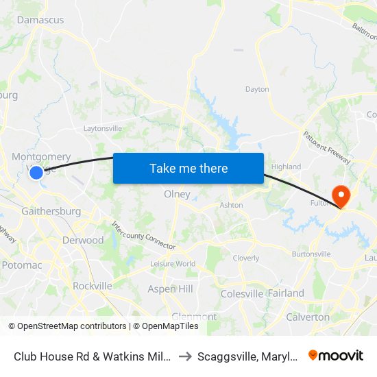 Club House Rd & Watkins Mill Rd to Scaggsville, Maryland map