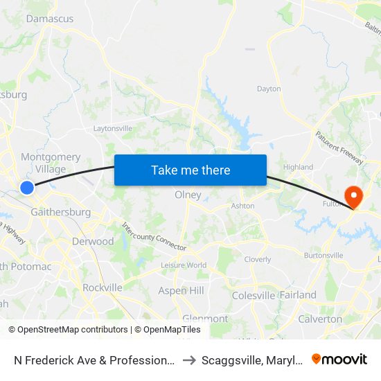 N Frederick Ave & Professional Dr to Scaggsville, Maryland map