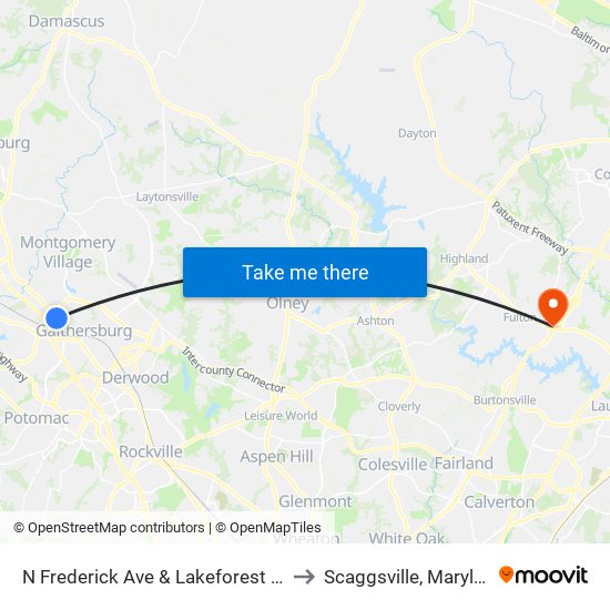 N Frederick Ave & Lakeforest Blvd to Scaggsville, Maryland map