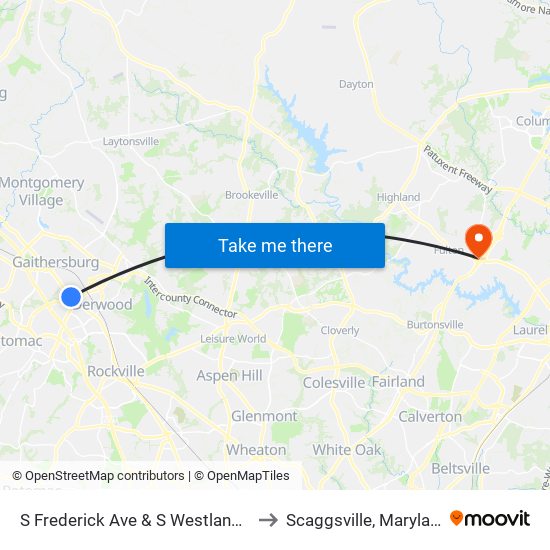 S Frederick Ave & S Westland Dr to Scaggsville, Maryland map