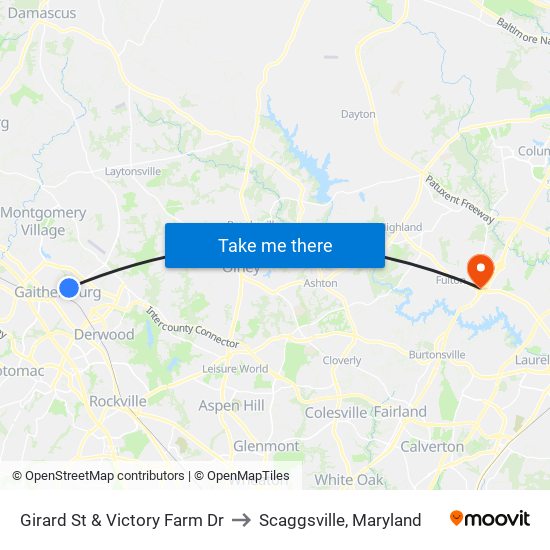 Girard St & Victory Farm Dr to Scaggsville, Maryland map