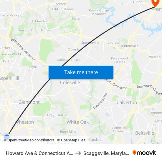 Howard Ave & Connecticut Ave to Scaggsville, Maryland map