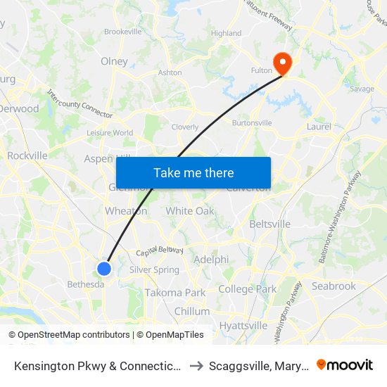 Kensington Pkwy & Connecticut Ave to Scaggsville, Maryland map