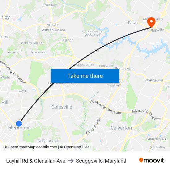 Layhill Rd & Glenallan Ave to Scaggsville, Maryland map