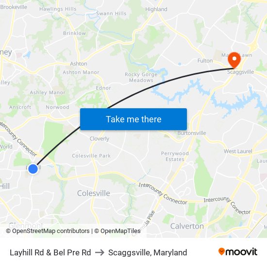 Layhill Rd & Bel Pre Rd to Scaggsville, Maryland map