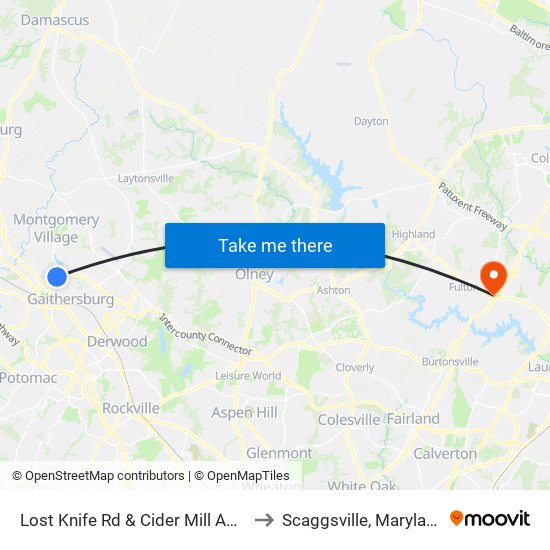 Lost Knife Rd & Cider Mill Apts to Scaggsville, Maryland map