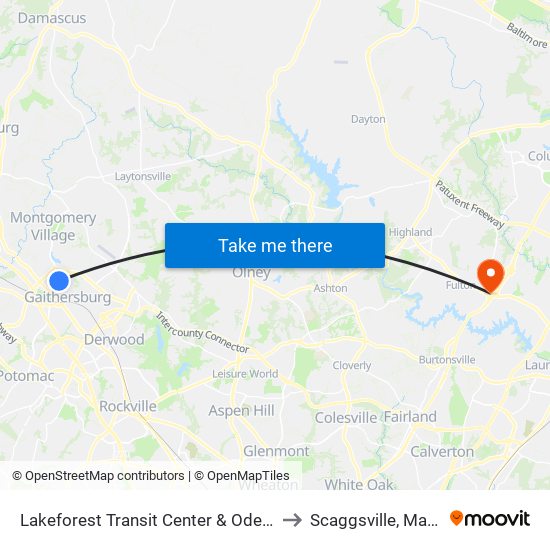 Lakeforest Transit Center & Odendhal Ave to Scaggsville, Maryland map