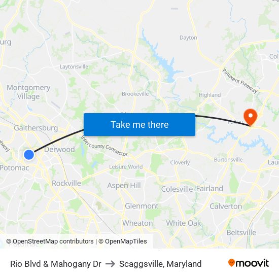 Rio Blvd & Mahogany Dr to Scaggsville, Maryland map