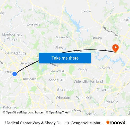 Medical Center Way & Shady Grove Rd to Scaggsville, Maryland map