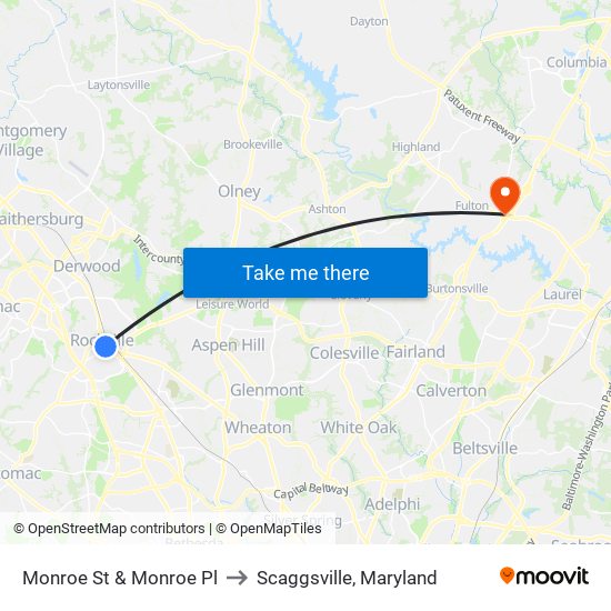 Monroe St & Monroe Pl to Scaggsville, Maryland map