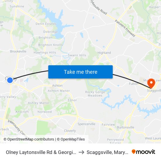 Olney Laytonsville Rd & Georgia Ave to Scaggsville, Maryland map