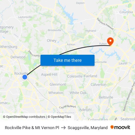 Rockville Pike & Mt Vernon Pl to Scaggsville, Maryland map