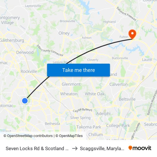 Seven Locks Rd & Scotland Dr to Scaggsville, Maryland map