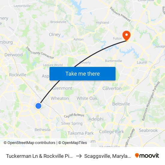Tuckerman Ln & Rockville Pike to Scaggsville, Maryland map