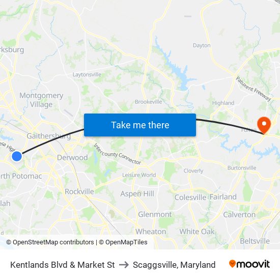 Kentlands Blvd & Market St to Scaggsville, Maryland map