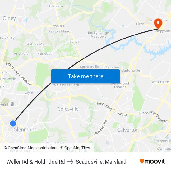 Weller Rd & Holdridge Rd to Scaggsville, Maryland map