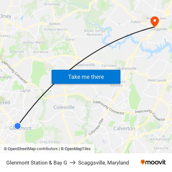 Glenmont Station & Bay G to Scaggsville, Maryland map