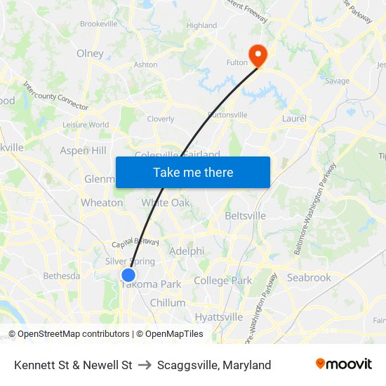 Kennett St & Newell St to Scaggsville, Maryland map