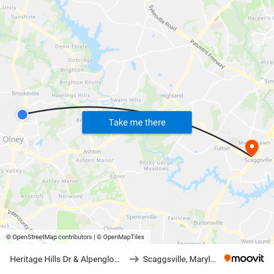 Heritage Hills Dr & Alpenglow Ln to Scaggsville, Maryland map