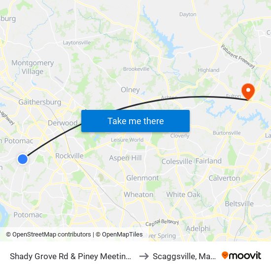 Shady Grove Rd & Piney Meetinghouse Rd to Scaggsville, Maryland map