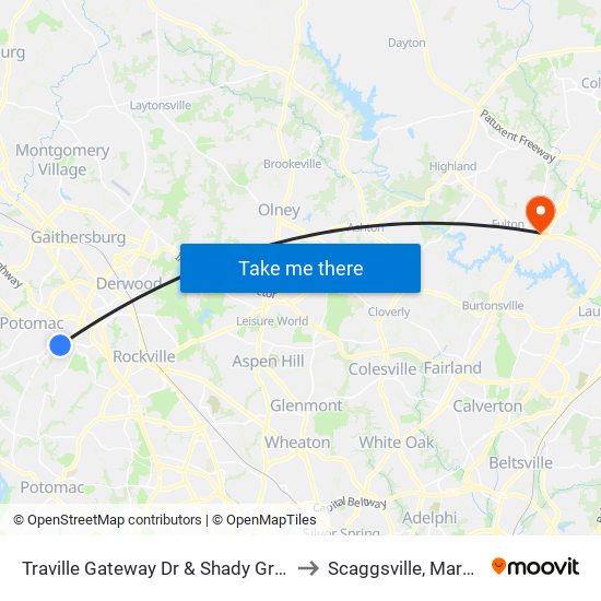 Traville Gateway Dr & Shady Grove Rd to Scaggsville, Maryland map