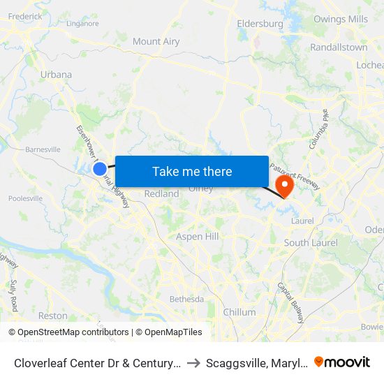 Cloverleaf Center Dr & Century Blvd to Scaggsville, Maryland map