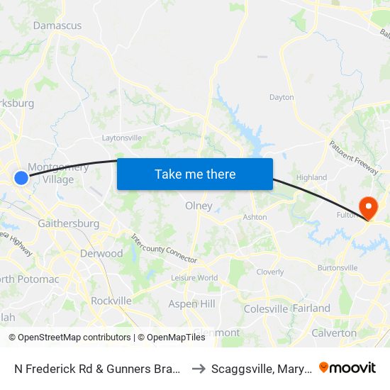 N Frederick Rd & Gunners Branch Rd to Scaggsville, Maryland map