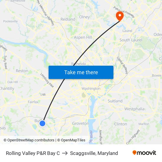 Rolling Valley P&R Bay C to Scaggsville, Maryland map