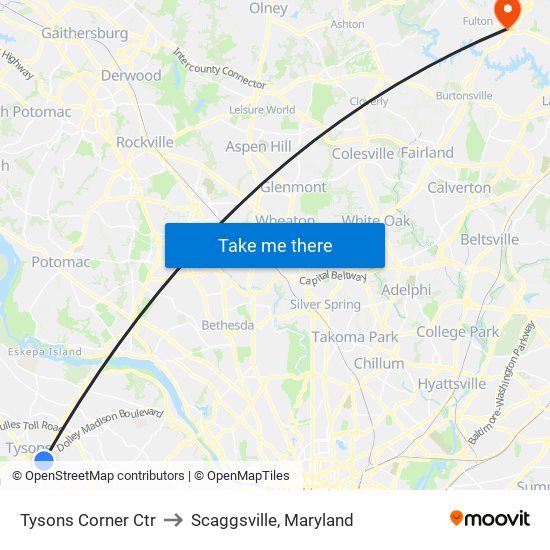 Tysons Corner Ctr to Scaggsville, Maryland map