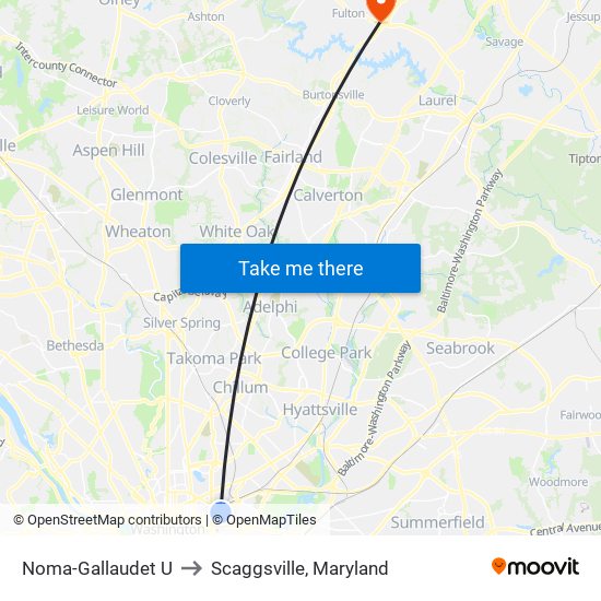 Noma-Gallaudet U to Scaggsville, Maryland map