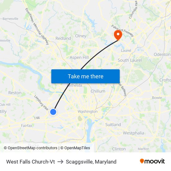 West Falls Church-Vt to Scaggsville, Maryland map