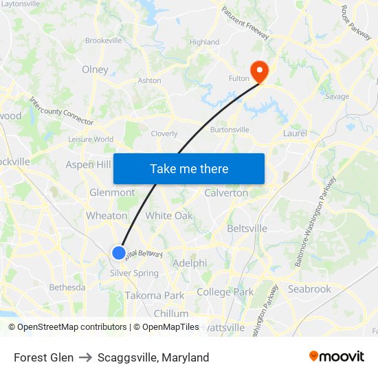 Forest Glen to Scaggsville, Maryland map