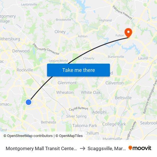 Montgomery Mall Transit Center & Bay E to Scaggsville, Maryland map