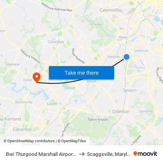 Bwi Thurgood Marshall  Airport, Md to Scaggsville, Maryland map